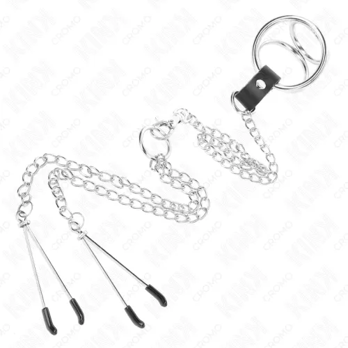 Triple Chrome Metal Penis Ring 3cm to 4.5cm with 26cm Metal Chain and Breast Clamps – Kink