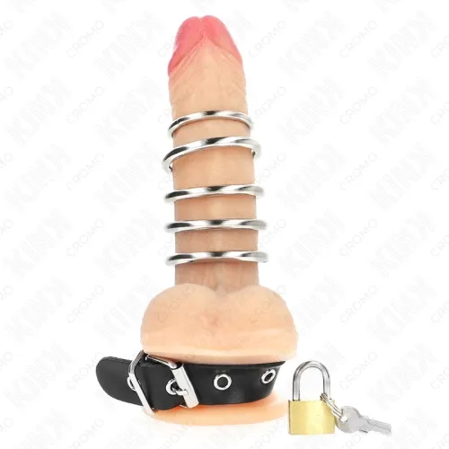 Leather penis ring with closure strap, 21 x 2 cm, and 5 metal rings ranging from 3 cm to 4 cm – Kink