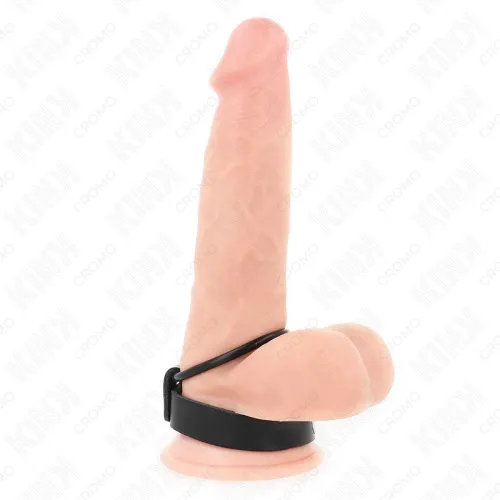 Ein hautfarbener Dildo mit Saugnapf und schwarzem Band.