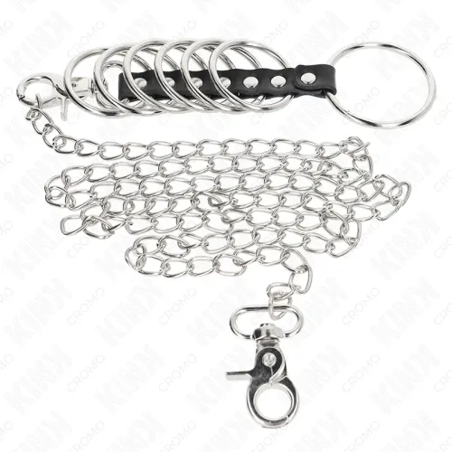 7 Penisringe Aus Metall 3.8cm Bis 5cm Verbunden Mit Leder Und Metallkette 100cm – Kink