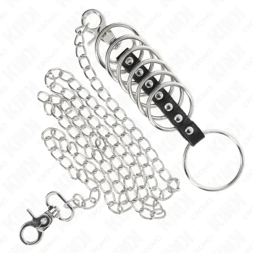 7 Penisringe Aus Metall 3.8cm Bis 5cm Verbunden Mit Leder Und Metallkette 100cm – Kink