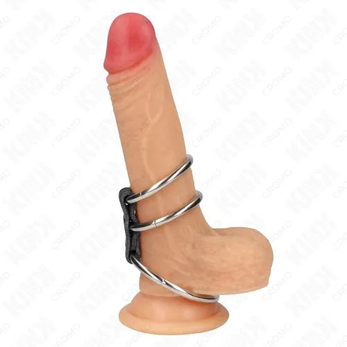 A dildo with a suction cup and three metal rings around the shaft.