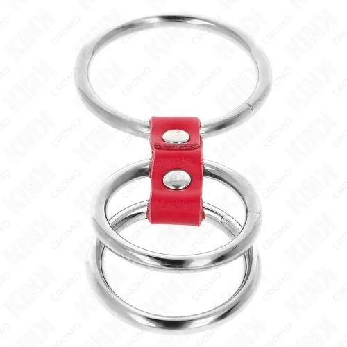 Triple Metal Penis Ring 3.7cm to 5cm Connected with Red Leather – Kink
