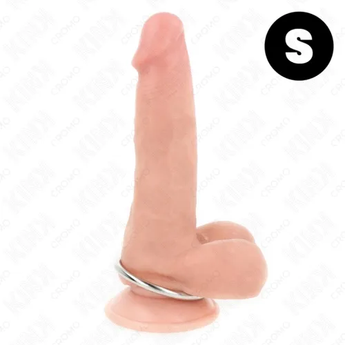 Ein hautfarbener Dildo mit Saugnapf und Metallring, Größe S.