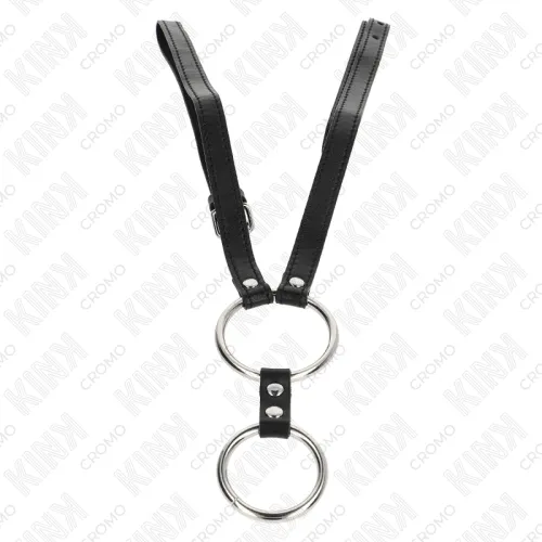 Double metal penis ring, 3.8cm to 5cm, with leather straps, 112cm – Kink