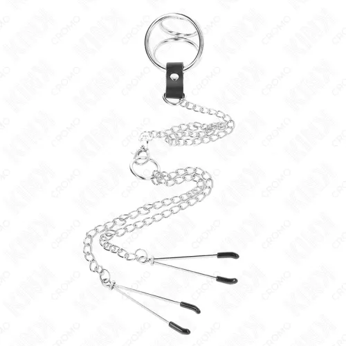 Triple Chrome Metal Penis Ring 3.8cm to 5cm with 26cm Metal Chain and Nipple Clamps Model 2 – Kink
