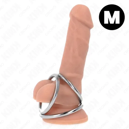 A dildo with a silver metal ring, size M, on a white background.