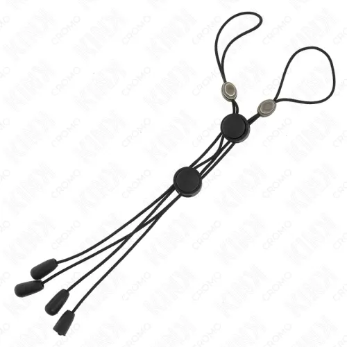 Black elastic glasses holder with adjustable cords and rubber loops at the ends.