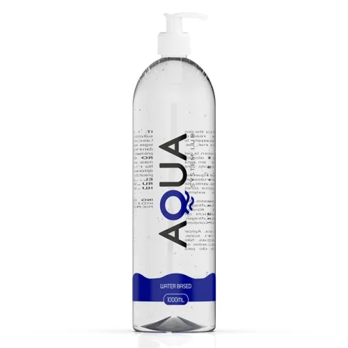 Transparent bottle with pump dispenser, labelled "AQUA", 1000 ml, water-based.