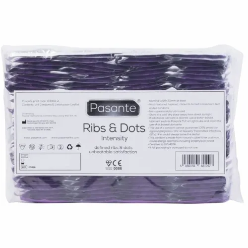 Pack of 144 Pasante Ribs & Dots condoms, purple, with ribbed and dotted textures for an intense experience.