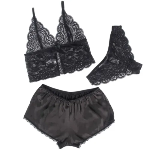 Nachthemd + Slip Aus Seide Und Spitze Schwarz L/Xl – Subblime