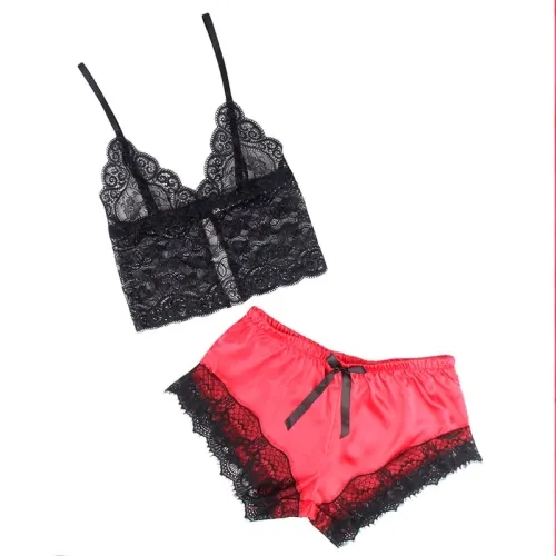 Lässige Seidennachthemd + Spitzenhose Schwarz/Rot S/M – Subblime