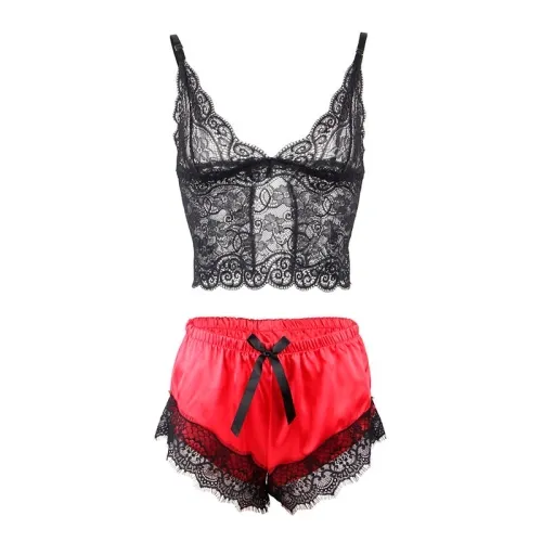 Lässige Seidennachthemd + Spitzenhose Schwarz/Rot L/Xl – Subblime