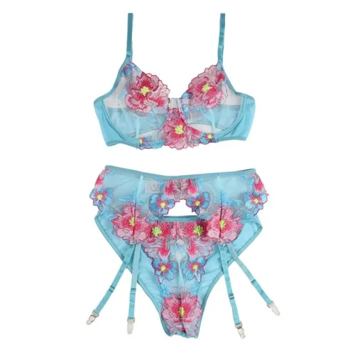 Bra + Panties with Garter Belt, Floral Design, Blue, S/M – Subblime