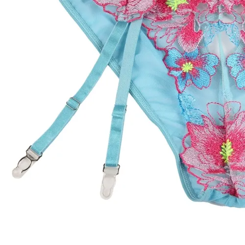 Bra + Panties with Garter Belt, Floral Design, Blue, L/XL – Subblime