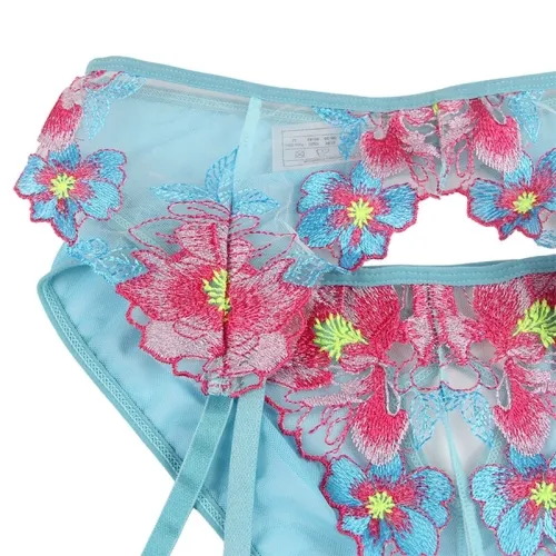 Bra + Panties with Garter Belt, Floral Design, Blue, L/XL – Subblime