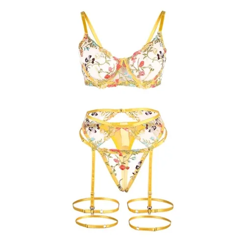 Bh + String + Strumpfgürtel Blumendesign Gelb L/Xl – Subblime