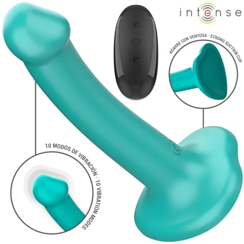 Turquoise vibrating toy with remote control, 10 modes and suction cup.