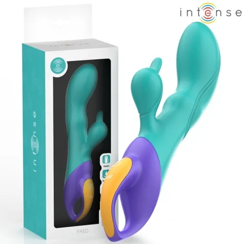 Turquoise vibrator with purple and yellow handle, next to matching packaging with "intense" logo.