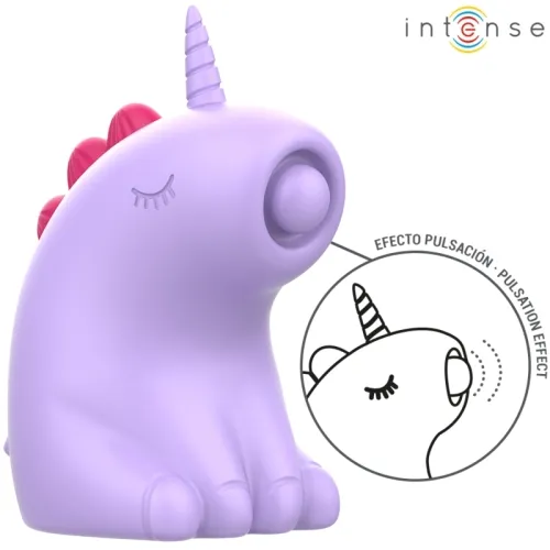 Purple unicorn toy with red comb and pulsation effect diagram, "intense" logo in the upper right corner.