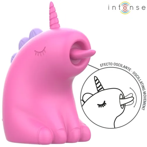 Pink unicorn toy with oscillating movement, purple details and closed eyes.