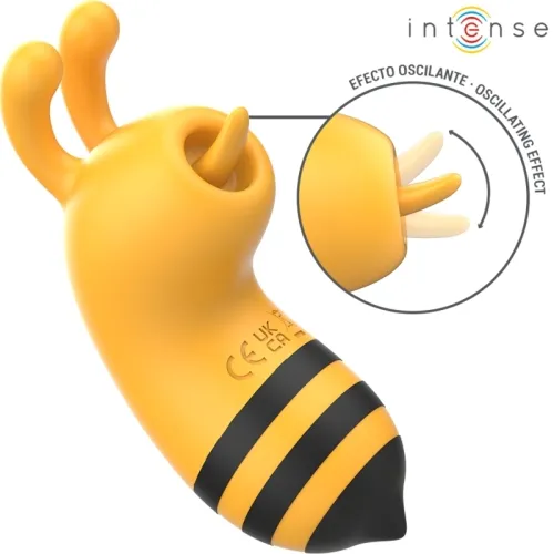 Yellow, bee-shaped device with oscillating effect, CE marking and black and yellow stripes.