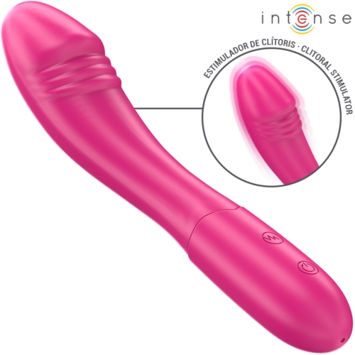 Pink vibrator with clitoral stimulator and control buttons, brand "Intense".
