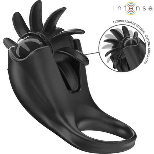 Black, modern clitoral stimulator with rotating elements and ergonomic design, brand "Intense".