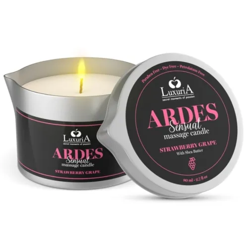 Schwarze Massagekerze mit Deckel, Aufschrift "ARDES Sensual", Duft "Strawberry Grape", 80 ml, mit Sheabutter.