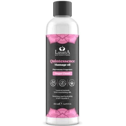 LuxuriA Quintessence massage oil bottle, 150 ml, with pheromone fragrance "Sugar Cloud", black and pink packaging.