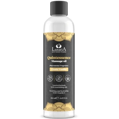 Bottle of LuxuriA Quintessence massage oil, Exotic Vanilla fragrance, 150 ml, black label with gold decorations.
