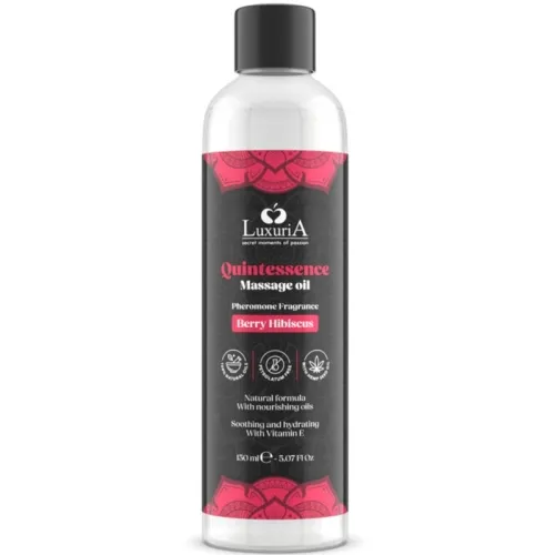 Bottle of LuxuriA Quintessence massage oil, Berry Hibiscus fragrance, 150 ml, black label with pink accents.