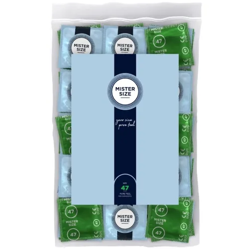 Pack of Mister Size condoms, size 47, in blue-green packaging.