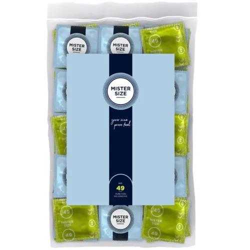 Packaging containing Mister Size condoms in blue and green, size 49, 100 pieces.