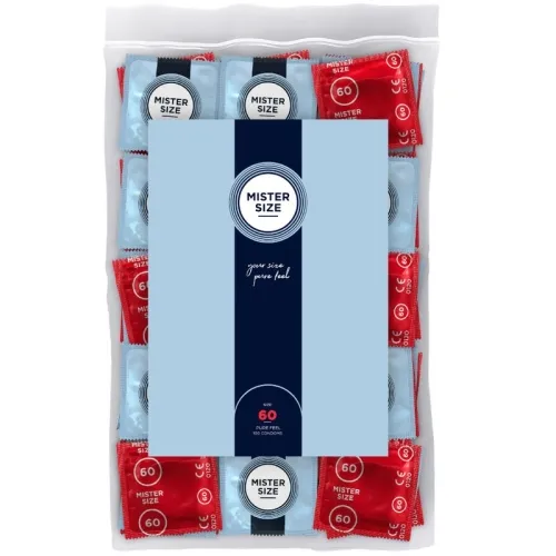 Packaging containing Mister Size condoms in red and blue, size 60, 100 pieces.