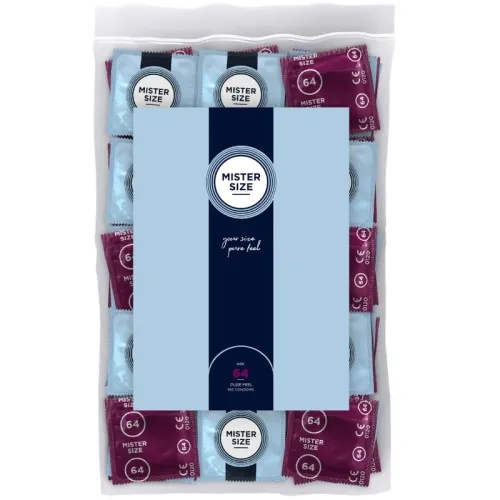 Verpackung mit Mister Size Kondomen, Größe 64, in blauen und lila Verpackungen, 100 Stück.