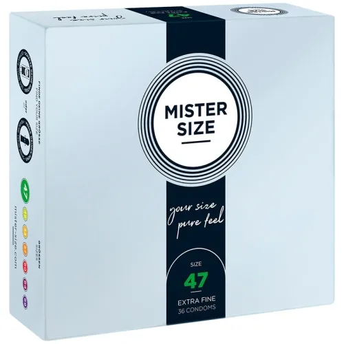 Packaging of Mister Size condoms, size 47, extra fine, 36 pieces.