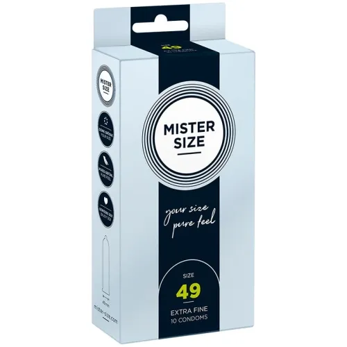 Packaging of Mister Size condoms, size 49, extra fine, 10 pieces, with slogan "your size pure feel".