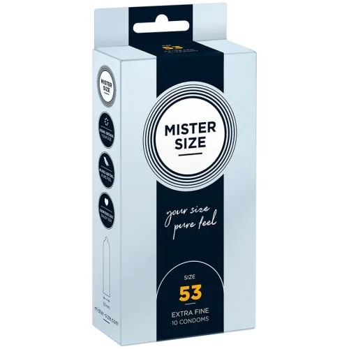 Packaging of Mister Size condoms, size 53, extra fine, 10 pieces, with slogan "your size pure feel".