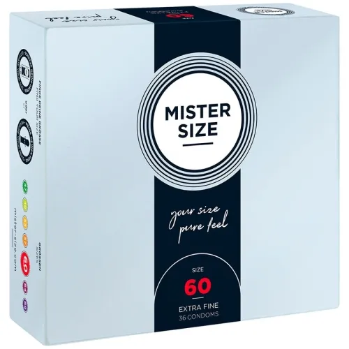 Packaging of Mister Size condoms, size 60, extra fine, 36 pieces.