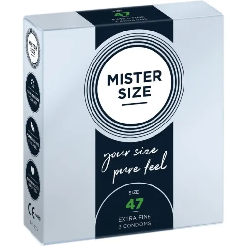 Packaging of Mister Size condoms, size 47, extra fine, 3 pieces, with slogan "your size, pure feel".