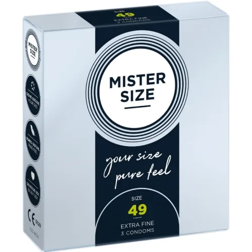 Packaging of Mister Size condoms, size 49, extra fine, 3 pieces.