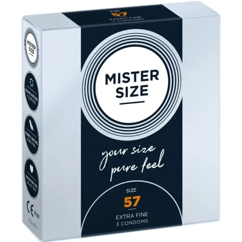 Packaging of Mister Size condoms, size 57, extra fine, 3 pieces, with slogan "your size, pure feel".