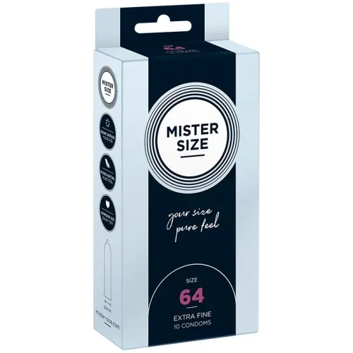 Verpackung von Mister Size Kondomen, Größe 64, extra fein, 10 Stück, mit Slogan "your size, pure feel".