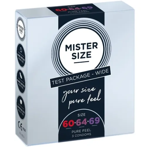 Verpackung von Mister Size Kondomen, Testpaket mit Größen 60, 64, 69, "your size pure feel" Aufschrift.