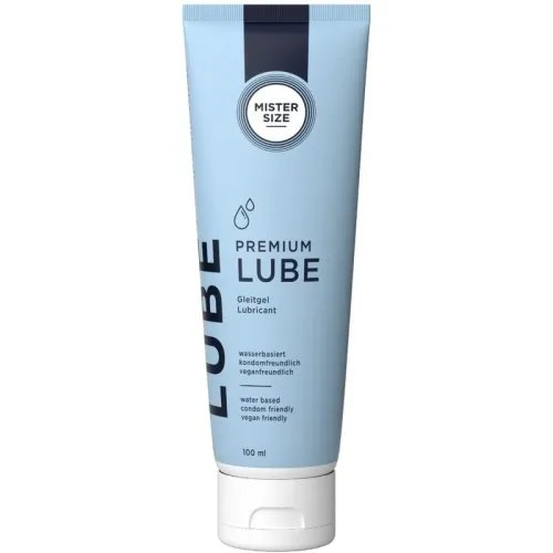 Blaue Tube Mister Size Premium Lube, 100 ml, wasserbasiert, kondom- und veganfreundlich.