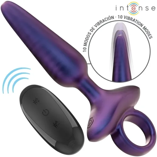 Purple vibrator with remote control, 10 vibration modes, brand name "Intense" top right.
