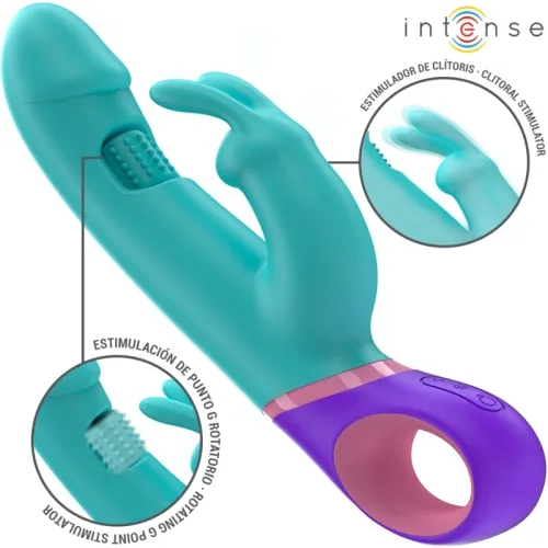 Blauer Vibrator mit Klitoris- und G-Punkt-Stimulator, lila Griff, Markenname "intense".