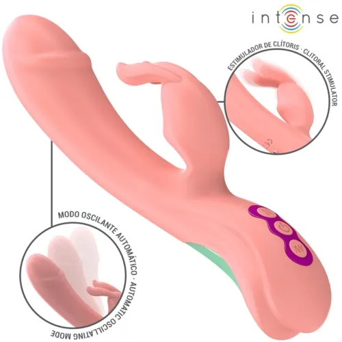 Rosa Vibrator mit Klitorisstimulator und Bedienelementen, Markenname "Intense", hervorgehobene Funktionen in Kreisen.