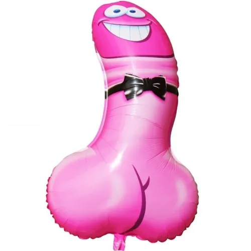 Pink balloon in the shape of a cartoon penis with a face and bow tie.